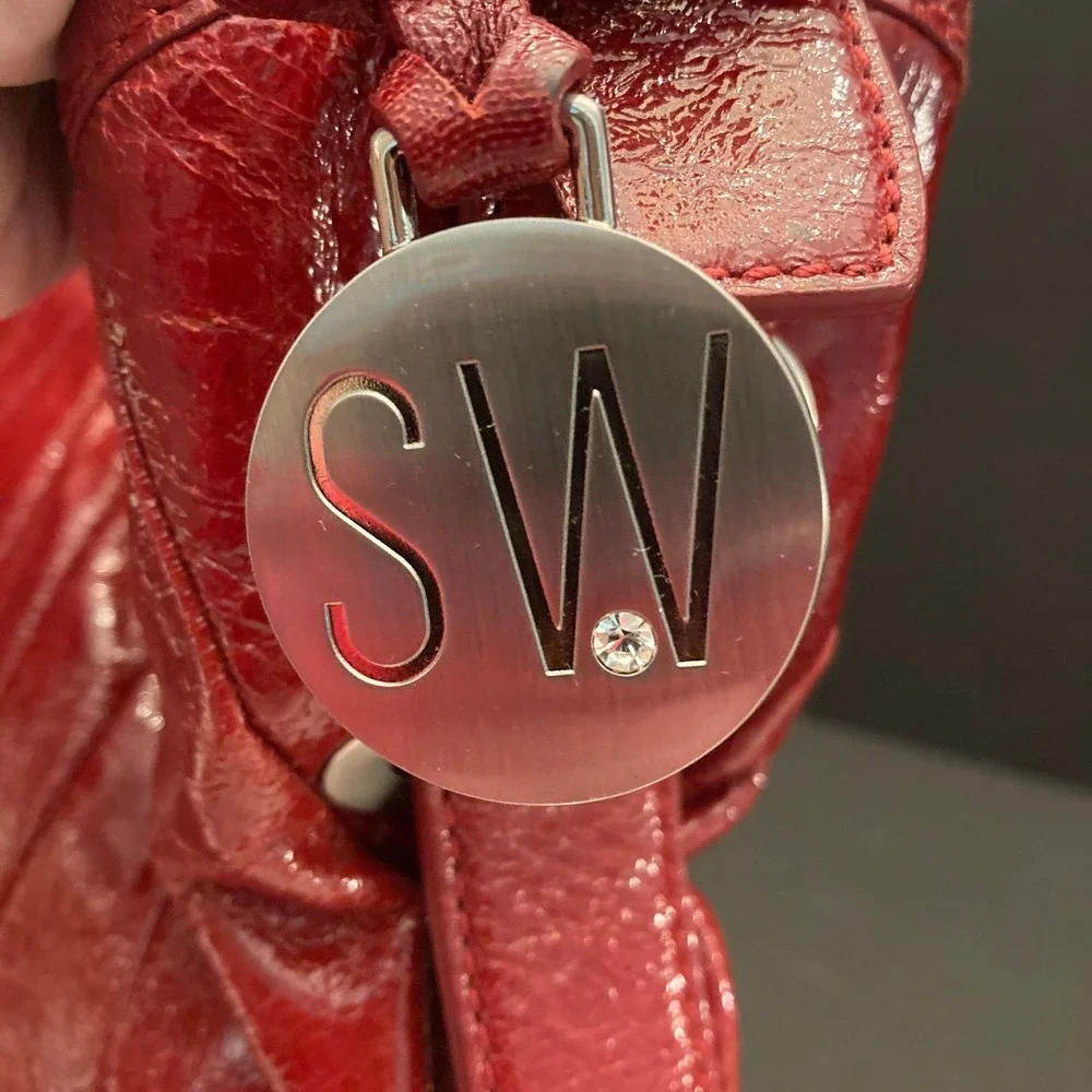 Stuart Weitzman Cala Medium‎ Bucket Bag Purse Claret Red Glass Patent Leather